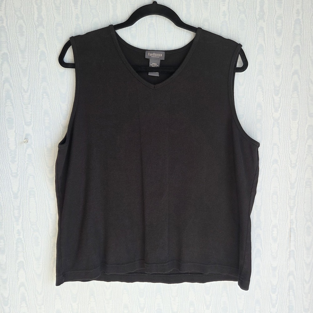 Van Heusen Womens XL Top Vest Black V-Neck Ribbed Sleeveless Layering Academia